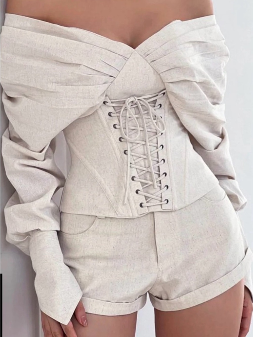 Off-Shoulder Lace-Up Corset Blouse in Natural Cream